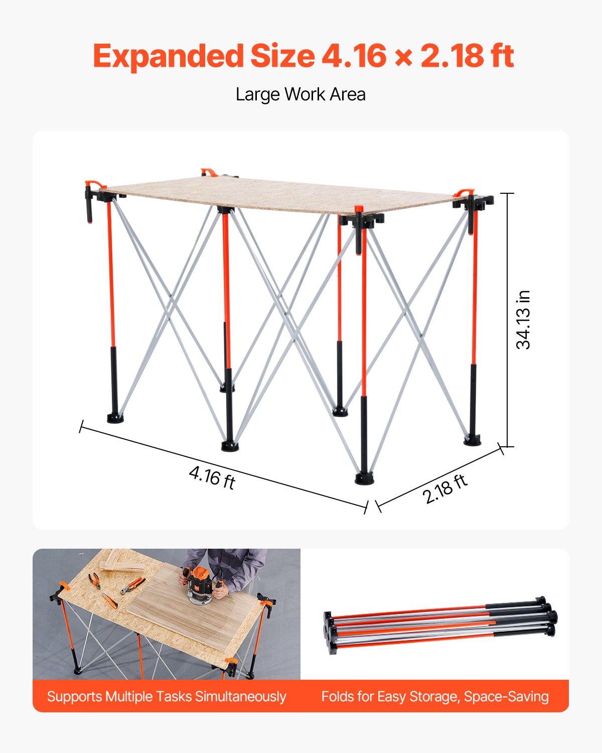 VEVOR Banco de Trabajo Plegable Portátil, Banco de Trabajo 1267 x 665 x 867 mm con Bolsa de Almacenamiento (Tablero no Incluido), Capacidad de Peso de 1135 kg para Garaje, Taller y Exterior