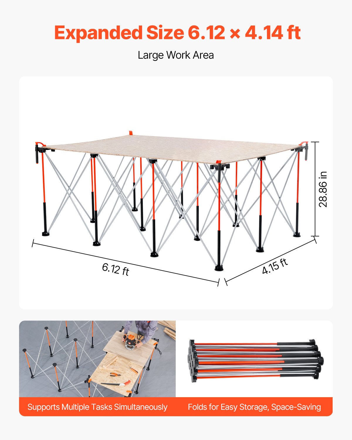 VEVOR Banco de Trabajo Plegable Portátil, Banco de Trabajo 1865 x 1261 x 733 mm con Bolsa de Almacenamiento (Tablero no Incluido), Capacidad de Peso de 2041 kg para Garaje, Taller y Exterior