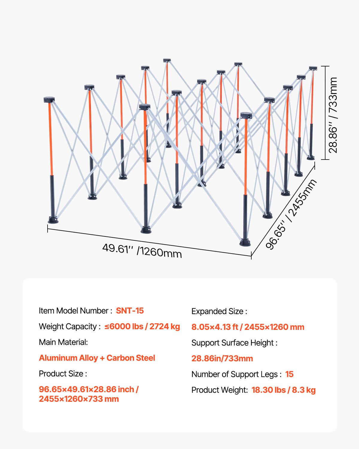 VEVOR Banco de Trabajo Plegable Portátil, Banco de Trabajo 2455 x 1260 x 733 mm con Bolsa de Almacenamiento (Tablero no Incluido), Capacidad de Peso de 2724 kg para Garaje, Taller y Exterior
