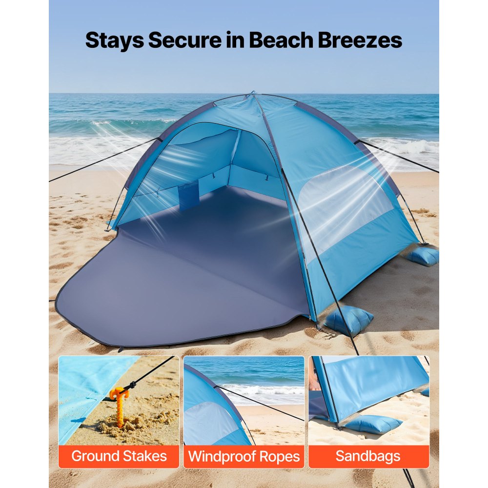VEVOR Tienda de Playa para 3 Personas, Carpa de Refugio de Sol Protección UPF 50+, Carpa Portátil de Playa con Bolsa de Transporte y Bolsillos para Arena, para Acampar, Pescar, Picnics al Aire Libre
