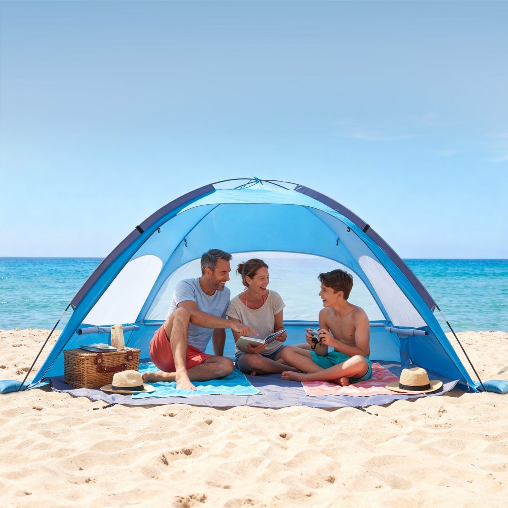 VEVOR Tienda de Playa para 3 Personas, Carpa de Refugio de Sol Protección UPF 50+, Carpa Portátil de Playa con Bolsa de Transporte y Bolsillos para Arena, para Acampar, Pescar, Picnics al Aire Libre
