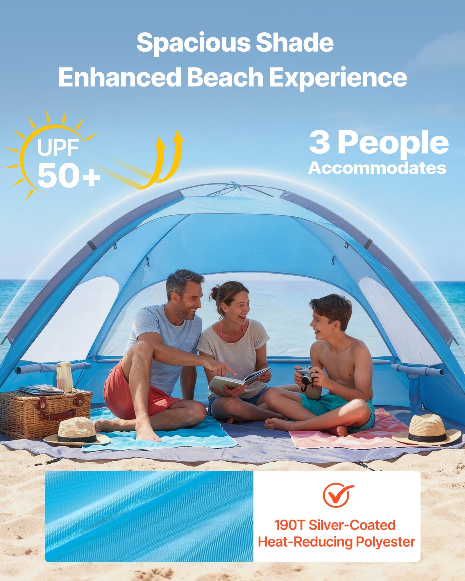 VEVOR Tienda de Playa para 3 Personas, Carpa de Refugio de Sol Protección UPF 50+, Carpa Portátil de Playa con Bolsa de Transporte y Bolsillos para Arena, para Acampar, Pescar, Picnics al Aire Libre