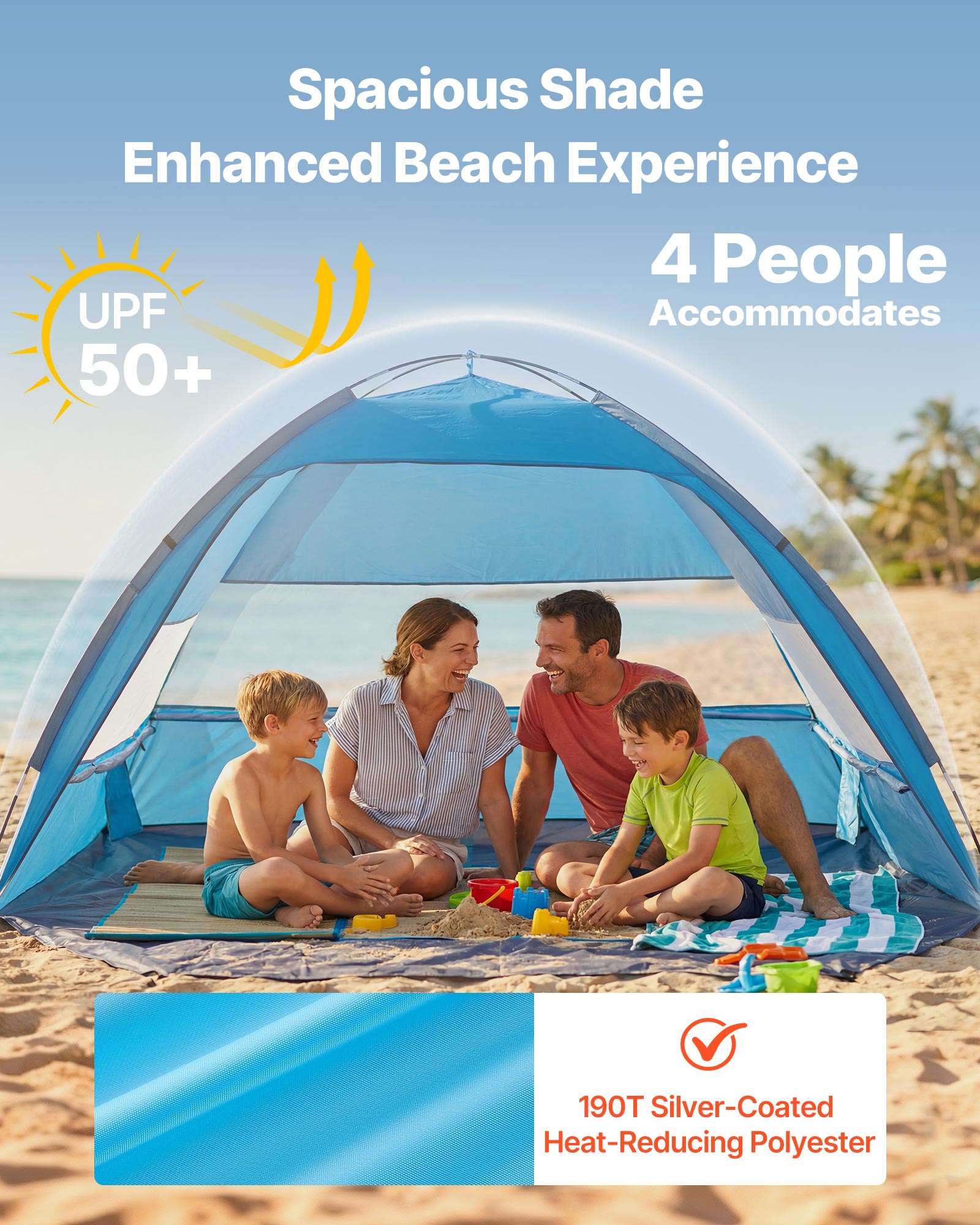 VEVOR Tienda de Playa para 4 Personas, Carpa de Refugio de Sol Protección UPF 50+, Carpa Portátil de Playa con Bolsa de Transporte y Bolsillos para Arena, para Acampar, Pescar, Picnics al Aire Libre