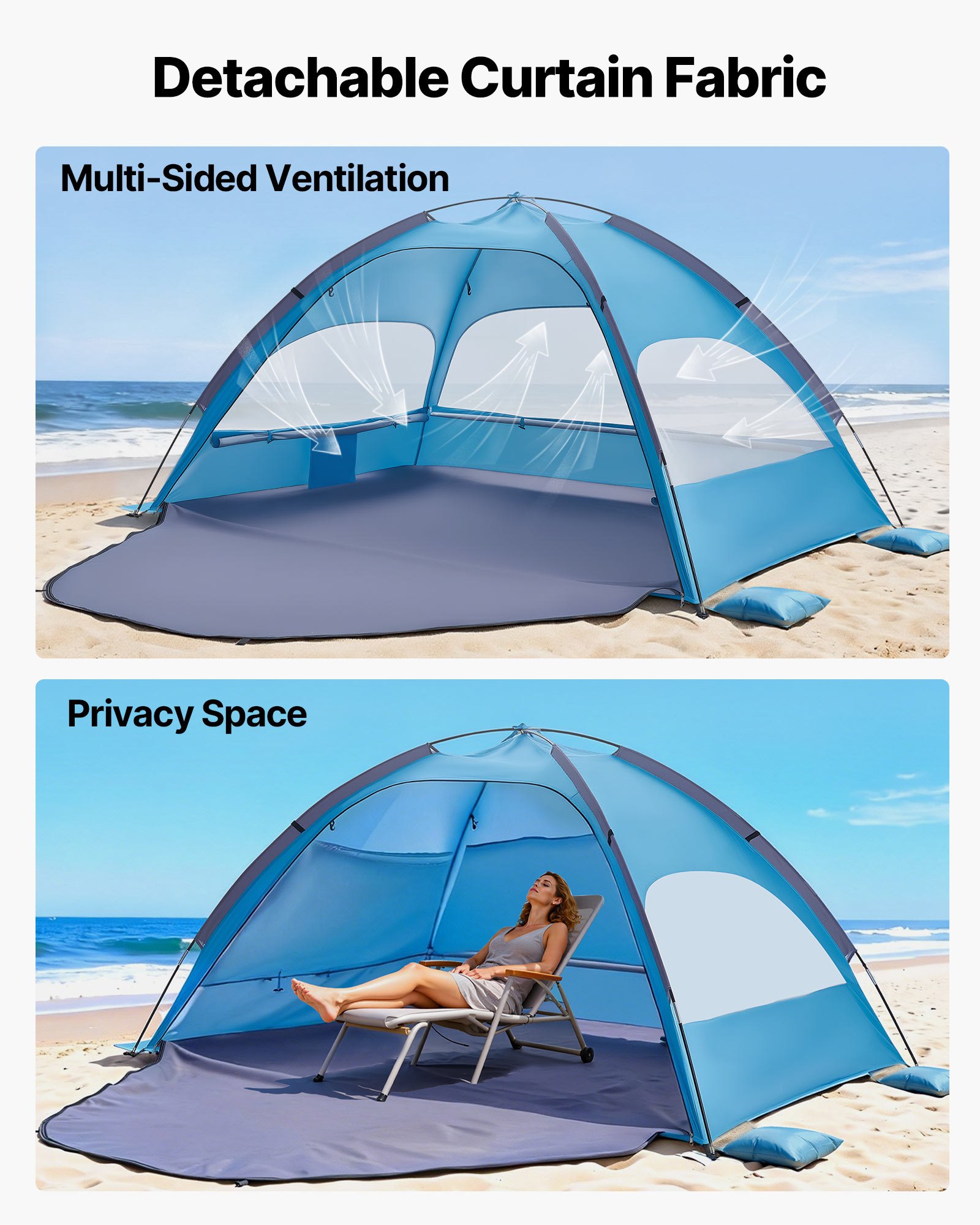 VEVOR Tienda de Playa para 4 Personas, Carpa de Refugio de Sol Protección UPF 50+, Carpa Portátil de Playa con Bolsa de Transporte y Bolsillos para Arena, para Acampar, Pescar, Picnics al Aire Libre