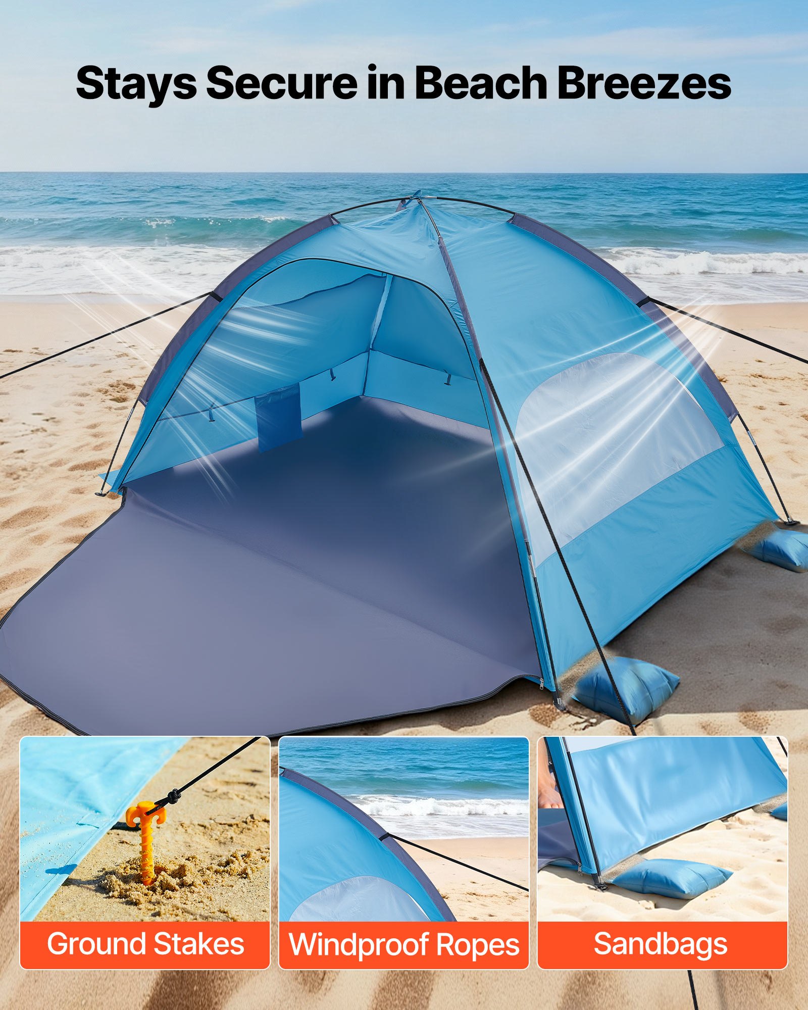 VEVOR Tienda de Playa para 4 Personas, Carpa de Refugio de Sol Protección UPF 50+, Carpa Portátil de Playa con Bolsa de Transporte y Bolsillos para Arena, para Acampar, Pescar, Picnics al Aire Libre