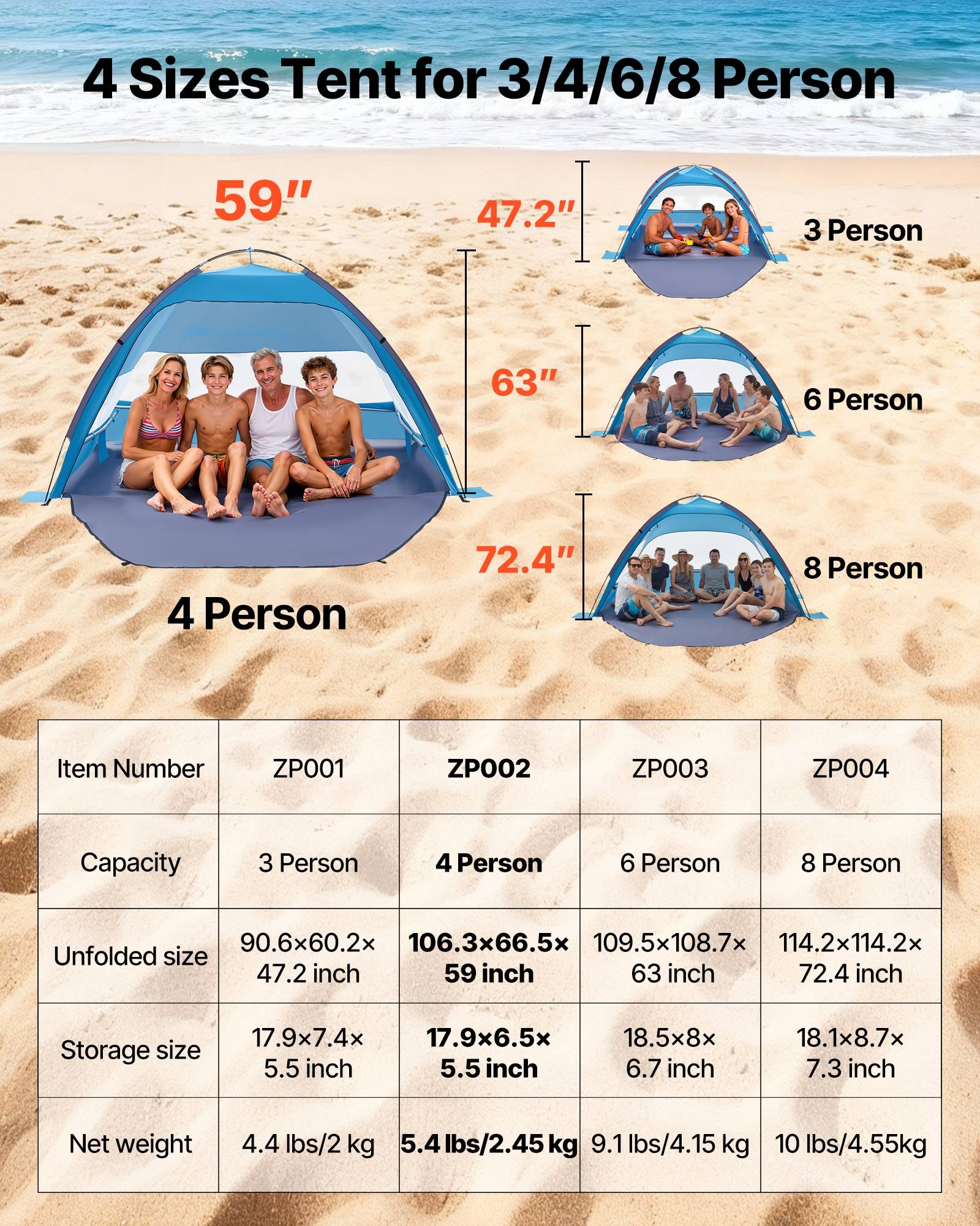 VEVOR Tienda de Playa para 4 Personas, Carpa de Refugio de Sol Protección UPF 50+, Carpa Portátil de Playa con Bolsa de Transporte y Bolsillos para Arena, para Acampar, Pescar, Picnics al Aire Libre