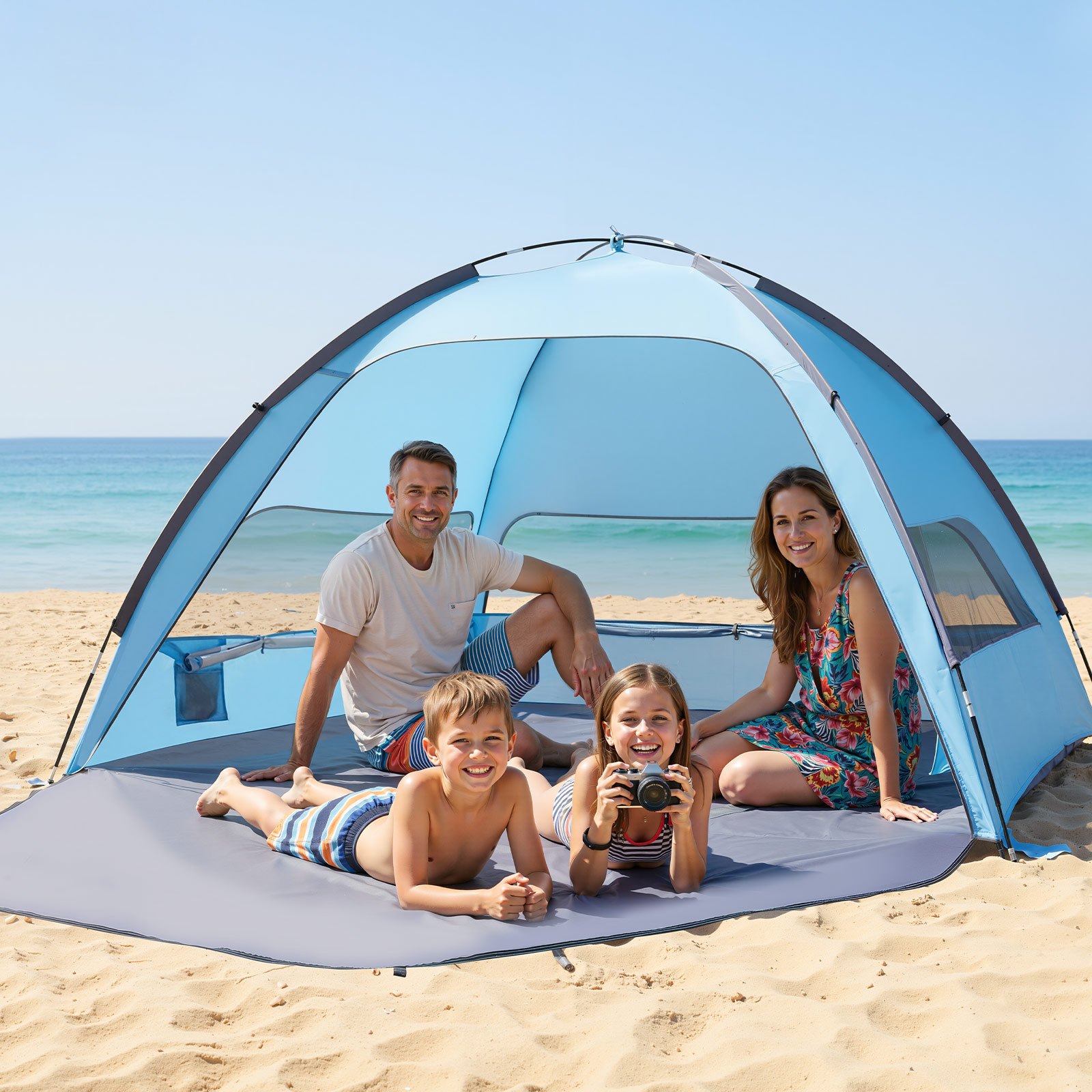 VEVOR Tienda de Playa para 4 Personas, Carpa de Refugio de Sol Protección UPF 50+, Carpa Portátil de Playa con Bolsa de Transporte y Bolsillos para Arena, para Acampar, Pescar, Picnics al Aire Libre