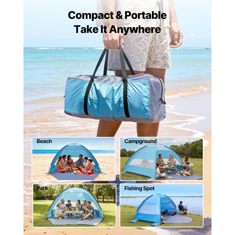VEVOR Tienda de Playa para 6 Personas, Carpa de Refugio de Sol Protección UPF 50+, Carpa Portátil de Playa con Bolsa de Transporte y Bolsillos para Arena, para Acampar, Pescar, Picnics al Aire Libre