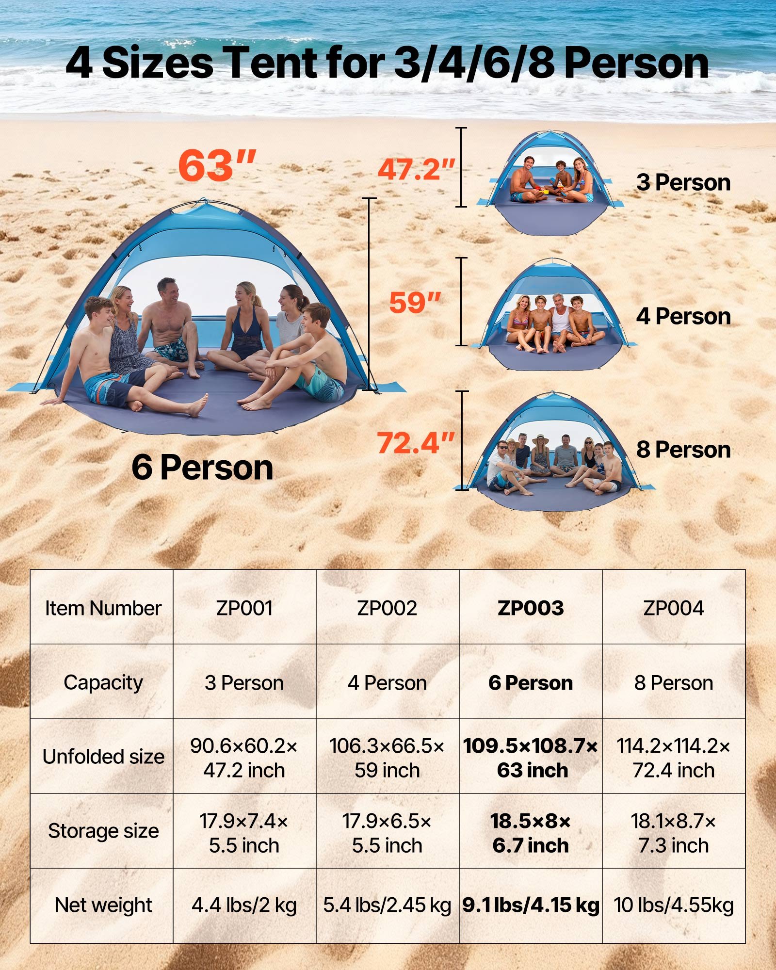 VEVOR Tienda de Playa para 6 Personas, Carpa de Refugio de Sol Protección UPF 50+, Carpa Portátil de Playa con Bolsa de Transporte y Bolsillos para Arena, para Acampar, Pescar, Picnics al Aire Libre
