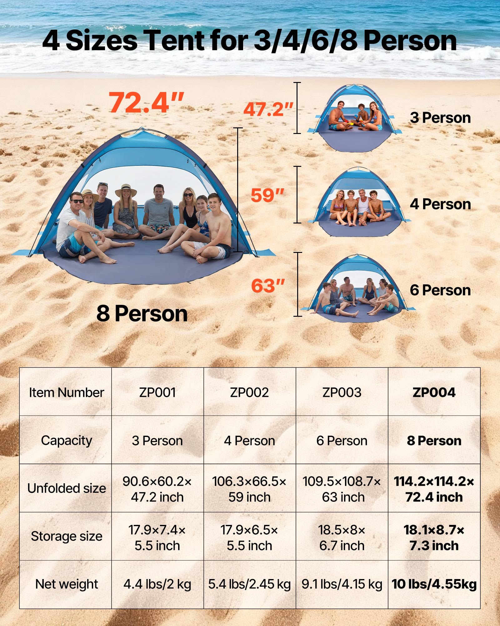 VEVOR Tienda de Playa para 8 Personas, Carpa de Refugio de Sol Protección UPF 50+, Carpa Portátil de Playa con Bolsa de Transporte y Bolsillos para Arena, para Acampar, Pescar, Picnics al Aire Libre