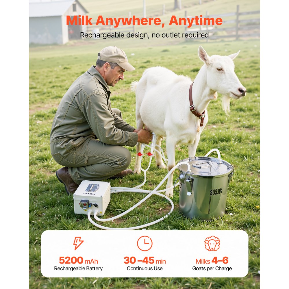 VEVOR Ordeñadora de Cabras Cubo de Acero Inoxidable de Grado Alimenticio de 3 L, Ordeñadora de Vacío Eléctrica con Batería Recargable de 5200 mAh, Succión y Potencia Ajustables, Solo para Cabras