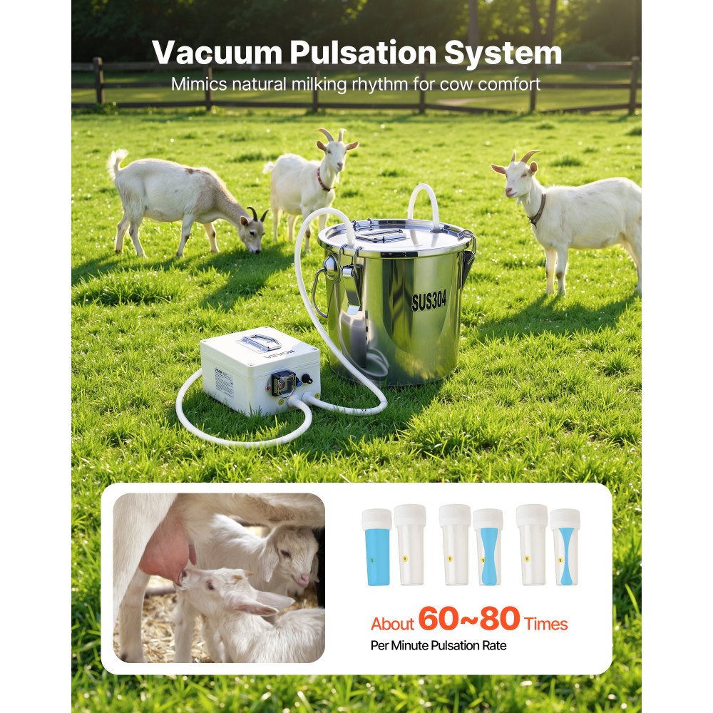 VEVOR Ordeñadora de Cabras Cubo de Acero Inoxidable de Grado Alimenticio de 3 L, Ordeñadora de Vacío Eléctrica con Batería Recargable de 5200 mAh, Succión y Potencia Ajustables, Solo para Cabras