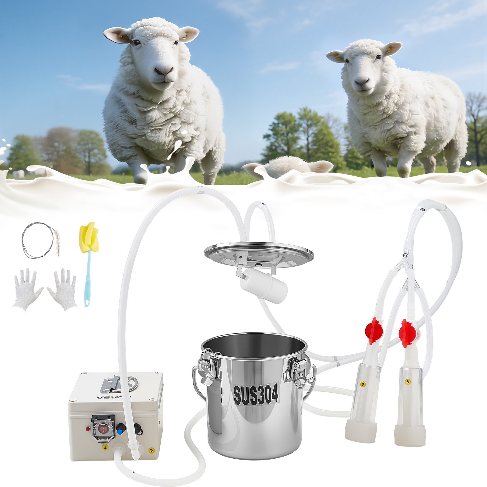 VEVOR Ordeñadora de Cabras Cubo de Acero Inoxidable de Grado Alimenticio de 3 L, Ordeñadora de Vacío Eléctrica con Batería Recargable de 5200 mAh, Succión y Potencia Ajustables, Solo para Cabras