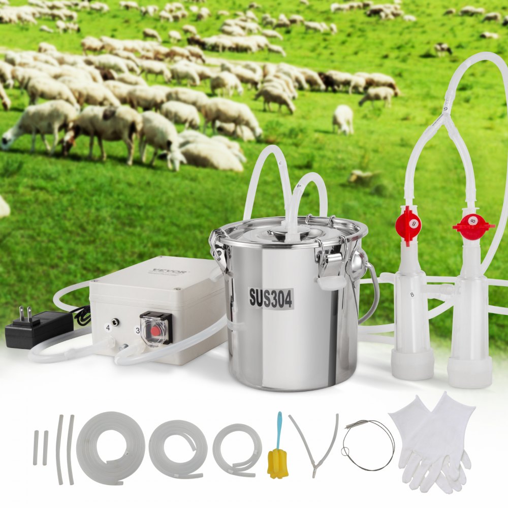 VEVOR Ordeñadora de Cabras Cubo de Acero Inoxidable 3 L Ordeñadora de Vacío Eléctrica Portátil con Pulsación Automática con Tazas y Tubo de Silicona de Grado Alimenticio, Succión Ajustable para Ovejas