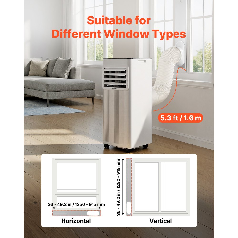VEVOR Aire Acondicionado Portátil 7000 BTU, 2 kW, 3 en 1 Climatizador con Deshumidificador y Ventilador, Panel Táctil LED, Control Remoto, Kit de Ventana Ajustable para Dormitorio Oficina Apartamento