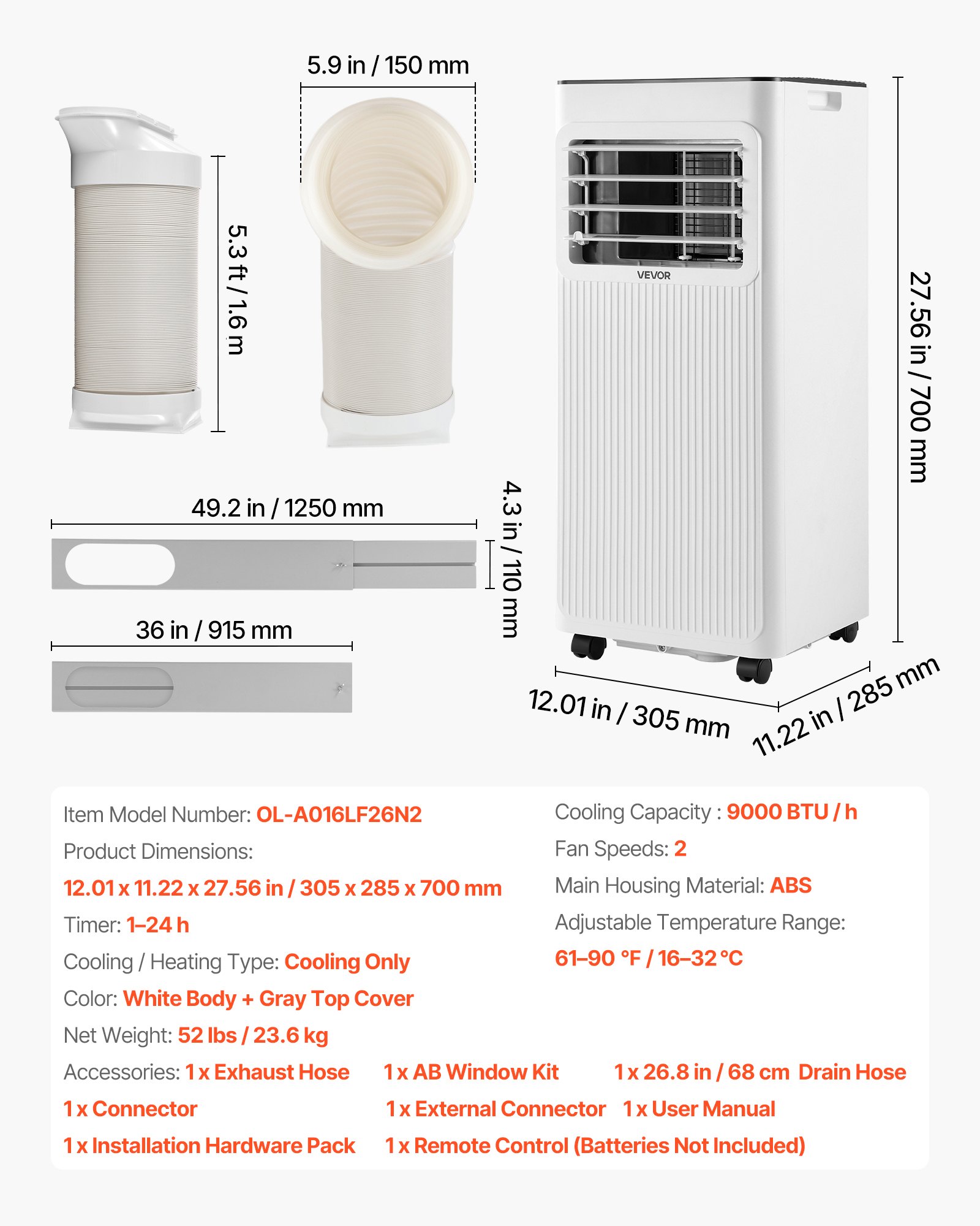 VEVOR Aire Acondicionado Portátil 9000 BTU, 2,6 kW, 3 en 1 Climatizador con Ventilador, Deshumidificador, Control Remoto, Panel Táctil LED, Kit de Ventana Ajustable para Apartamento Oficina Dormitorio