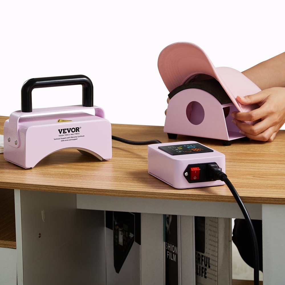 VEVOR Hat Press, Mini Hat Heat Press for Caps with Integrated Control Panel, Cap Press with 15 x 8 cm Curved Heating Plate, Safety Base and Glove, Automatic Shut-Off, Purple