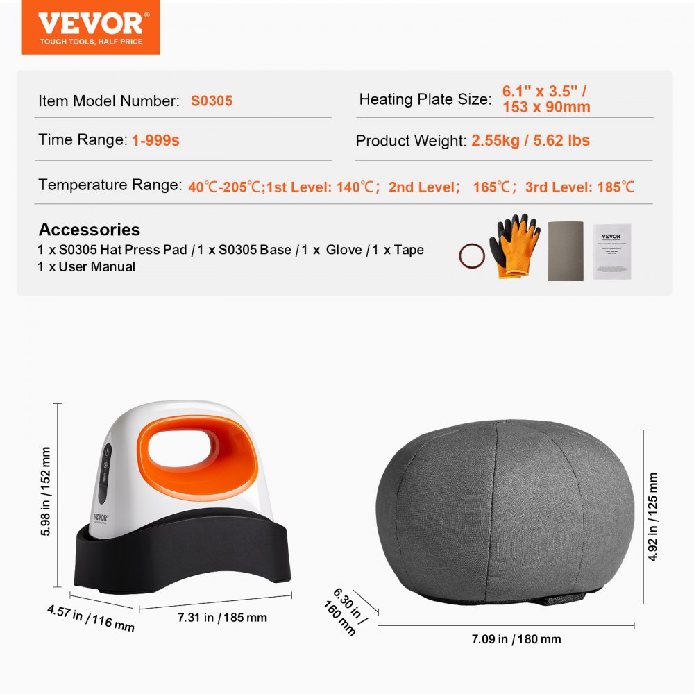 VEVOR - Prensa térmica para gorras, mini prensa térmica para gorras con 3 niveles de calentamiento, placa térmica curva de 6,1 x 3,5 pulgadas, base de seguridad y guante, apagado automático, color blanco