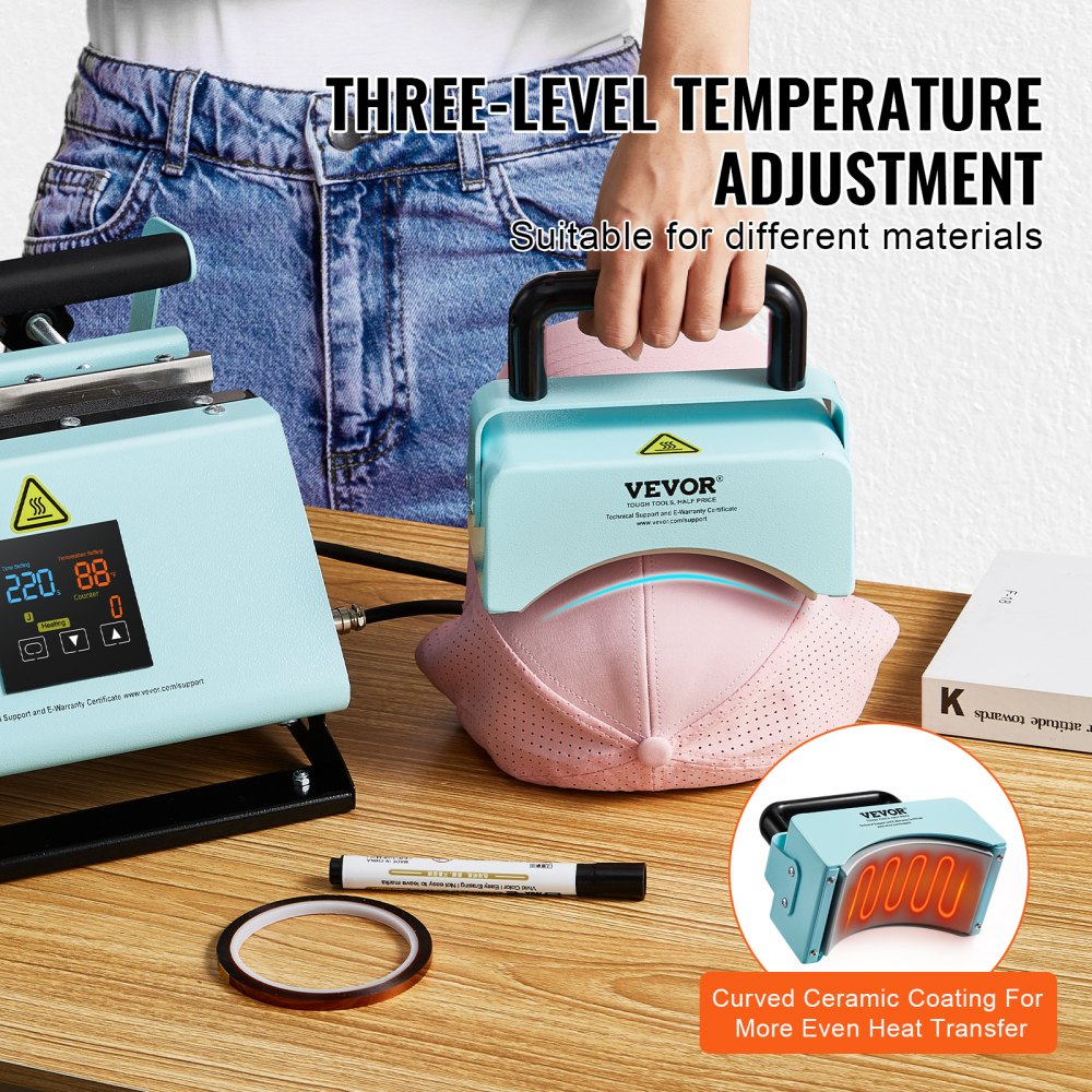 VEVOR 2 en 1 Máquina de prensado térmico para vasos y gorras, Mini prensa térmica para gorras y sombreros, Prensa térmica para vasos y tazas de sublimación de 11-30 oz, Control de temperatura y tiempo, Verde