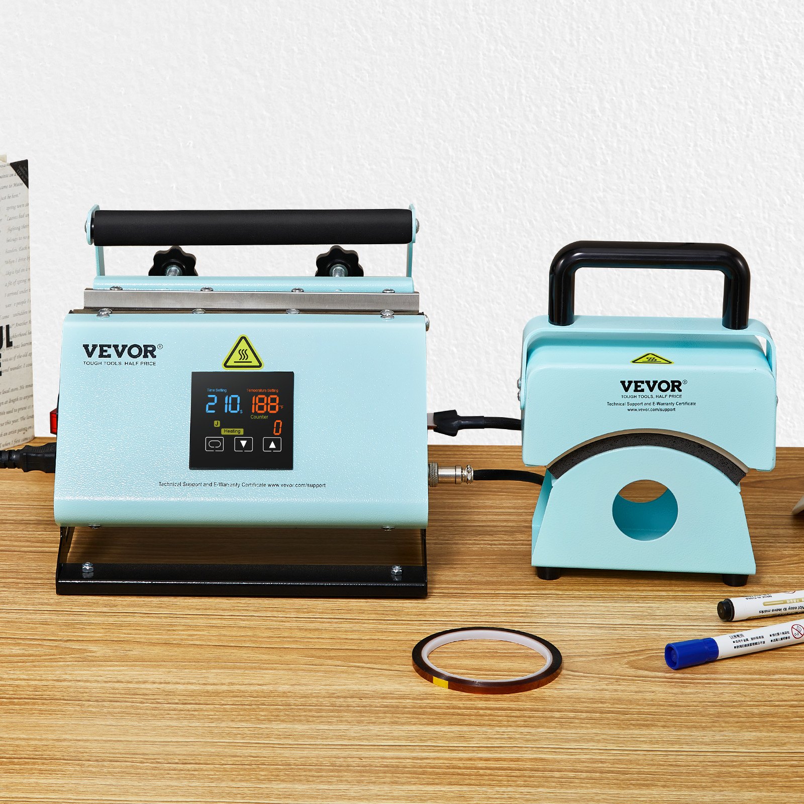 VEVOR 2 en 1 Máquina de prensado térmico para vasos y gorras, Mini prensa térmica para gorras y sombreros, Prensa térmica para vasos y tazas de sublimación de 11-30 oz, Control de temperatura y tiempo, Verde