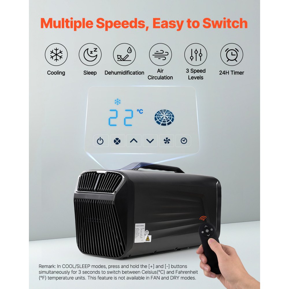 VEVOR Aire Acondicionado Portátil Ajustable, 3 Velocidades, 4000 BTU con Temporizador 24 Horas, 16 a 30 ℃, CA/CC, para Acampar en Tiendas de Campaña al Aire Libre, RV o Uso Doméstico, Gris Oscuro