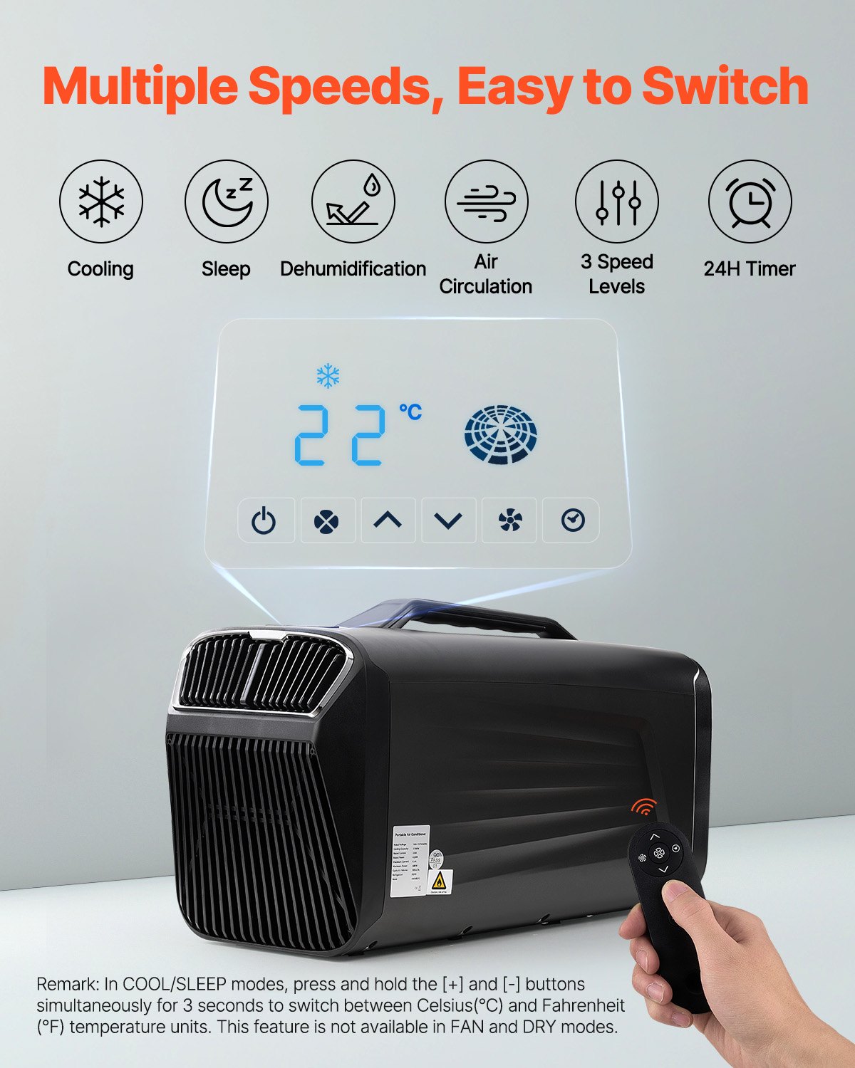 VEVOR Aire Acondicionado Portátil Ajustable, 3 Velocidades, 4000 BTU con Temporizador 24 Horas, 16 a 30 ℃, CA/CC, para Acampar en Tiendas de Campaña al Aire Libre, RV o Uso Doméstico, Gris Oscuro