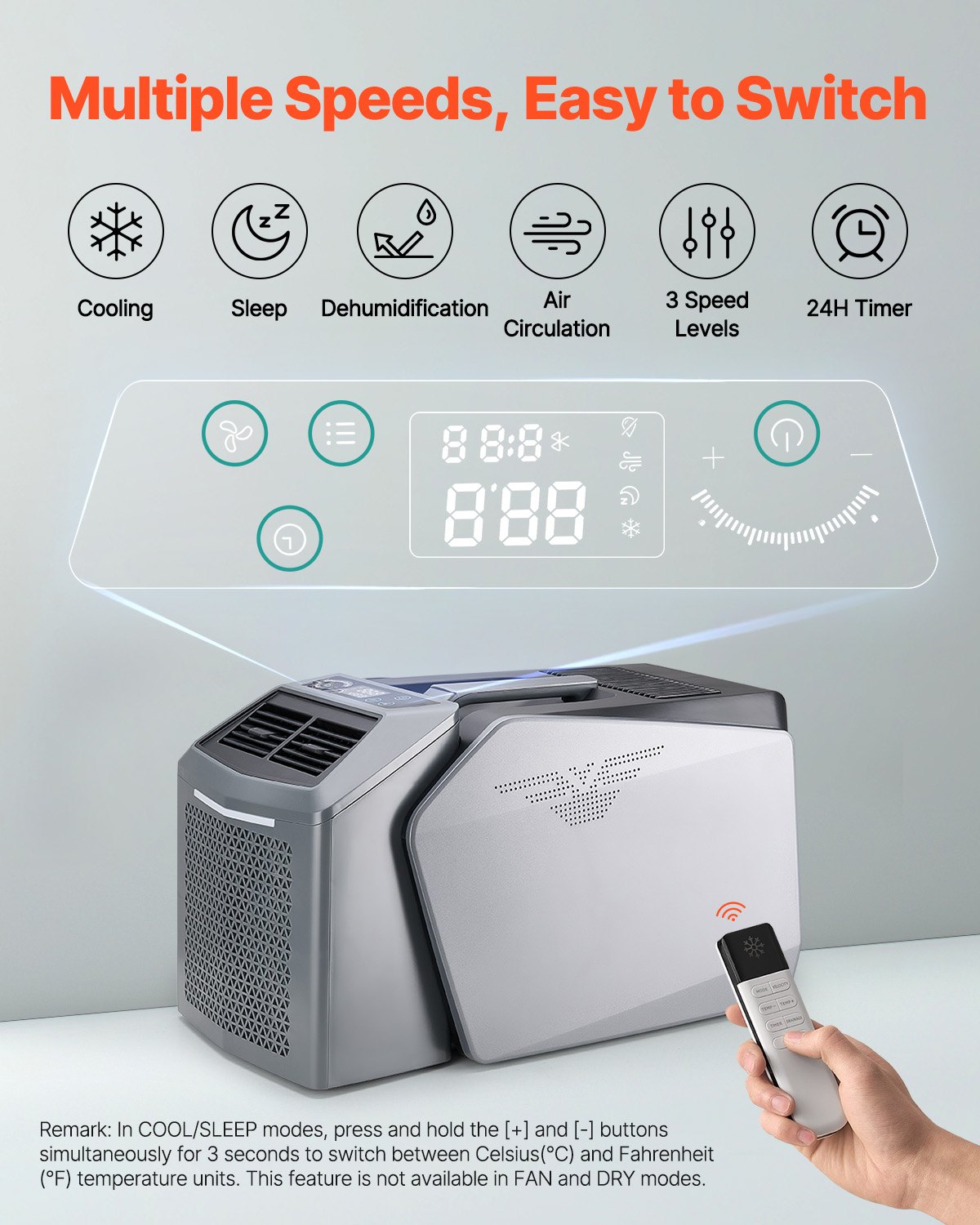 VEVOR Portable Air Conditioner, 5000 BTU, 3-Speed Air Conditioner with 24-Hour Timer, Cooler, Adjustable from 16-32 °C, Compatible with AC/DC, Camping, RVs or Home Use, Grey, 320x580x346 mm