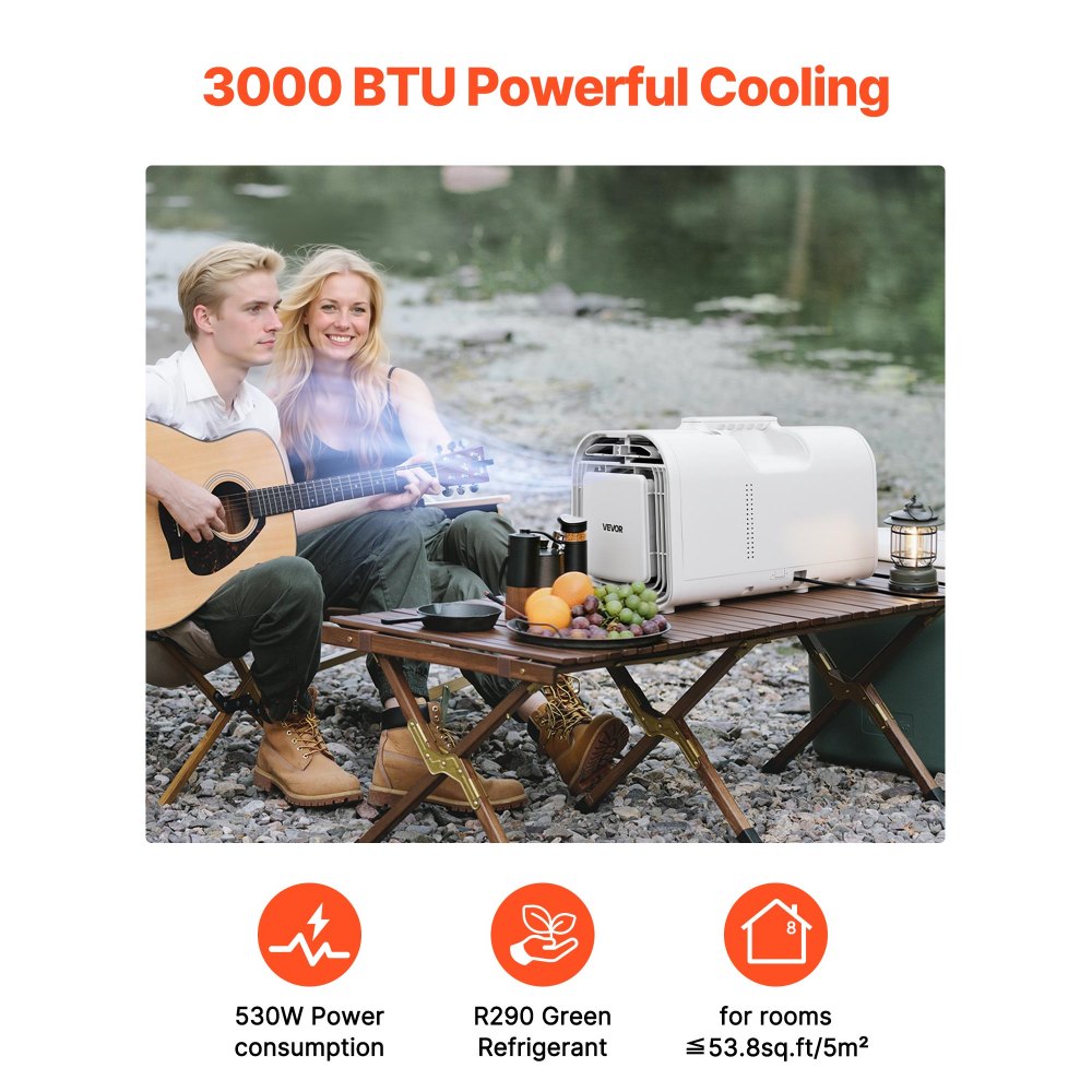VEVOR Aire Acondicionado Portátil para Camping 3000 BTU, 530 W, Control Táctil y Remoto, Temporizador Programable, Flujo de Aire 200 m³/h para Tiendas de Campaña, Caravanas, Exteriores y Hogar, Blanco