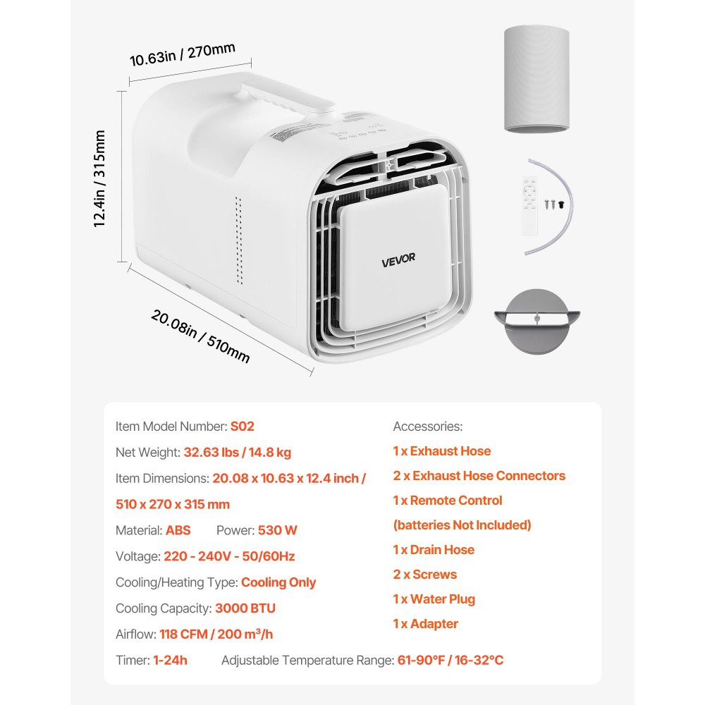 VEVOR Aire Acondicionado Portátil para Camping 3000 BTU, 530 W, Control Táctil y Remoto, Temporizador Programable, Flujo de Aire 200 m³/h para Tiendas de Campaña, Caravanas, Exteriores y Hogar, Blanco