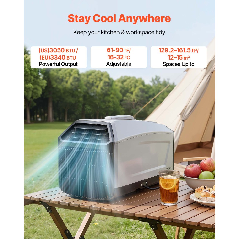 VEVOR Aire Acondicionado Portátil, 150 m³/h, 440 W con Manguera, Control Táctil, Mando Temporizador 1-24 h, Bajo Ruido, Aire Acondicionado para Camping, Tienda de Campaña, Caravana y Espacios Pequeños