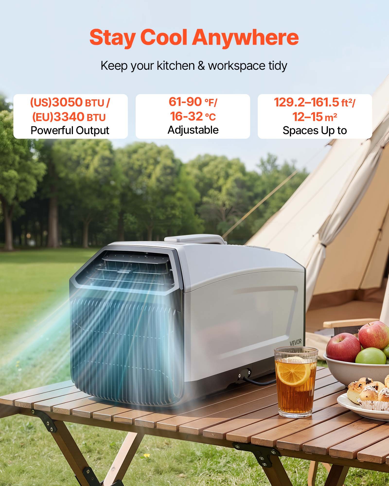 VEVOR Aire Acondicionado Portátil, 150 m³/h, 440 W con Manguera, Control Táctil, Mando Temporizador 1-24 h, Bajo Ruido, Aire Acondicionado para Camping, Tienda de Campaña, Caravana y Espacios Pequeños