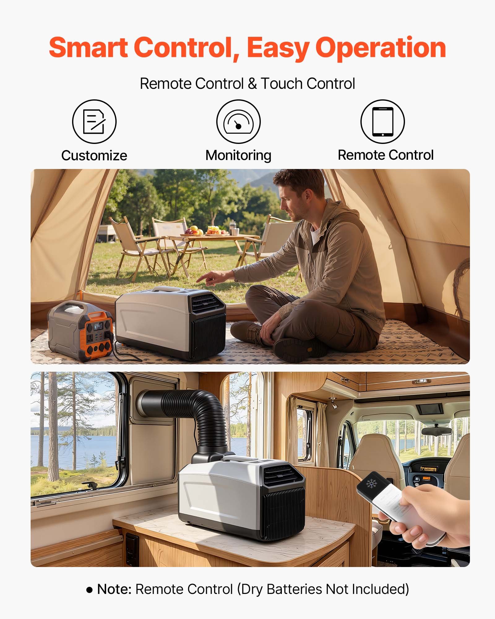 VEVOR Aire Acondicionado Portátil, 150 m³/h, 440 W con Manguera, Control Táctil, Mando Temporizador 1-24 h, Bajo Ruido, Aire Acondicionado para Camping, Tienda de Campaña, Caravana y Espacios Pequeños