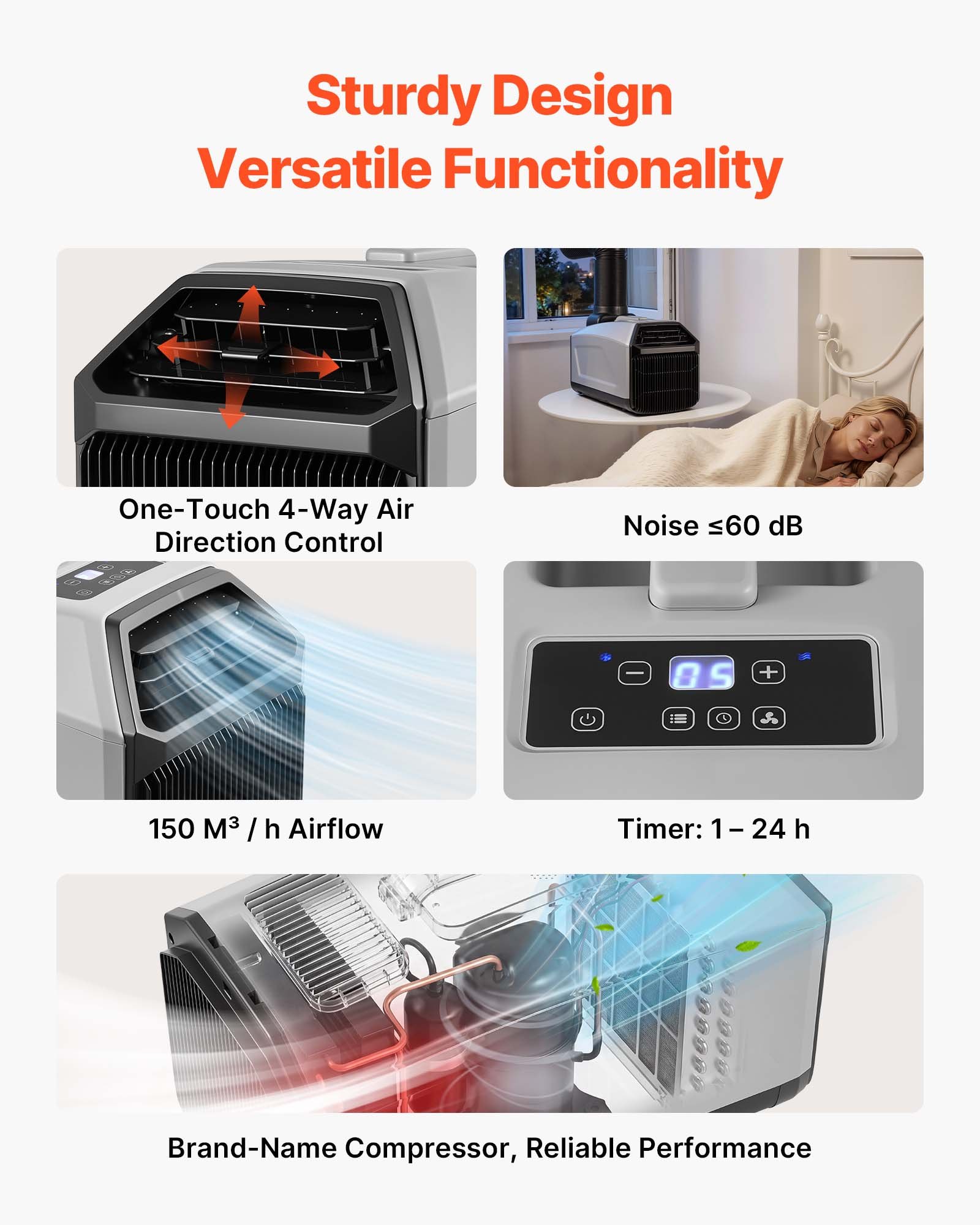 VEVOR Aire Acondicionado Portátil, 150 m³/h, 440 W con Manguera, Control Táctil, Mando Temporizador 1-24 h, Bajo Ruido, Aire Acondicionado para Camping, Tienda de Campaña, Caravana y Espacios Pequeños