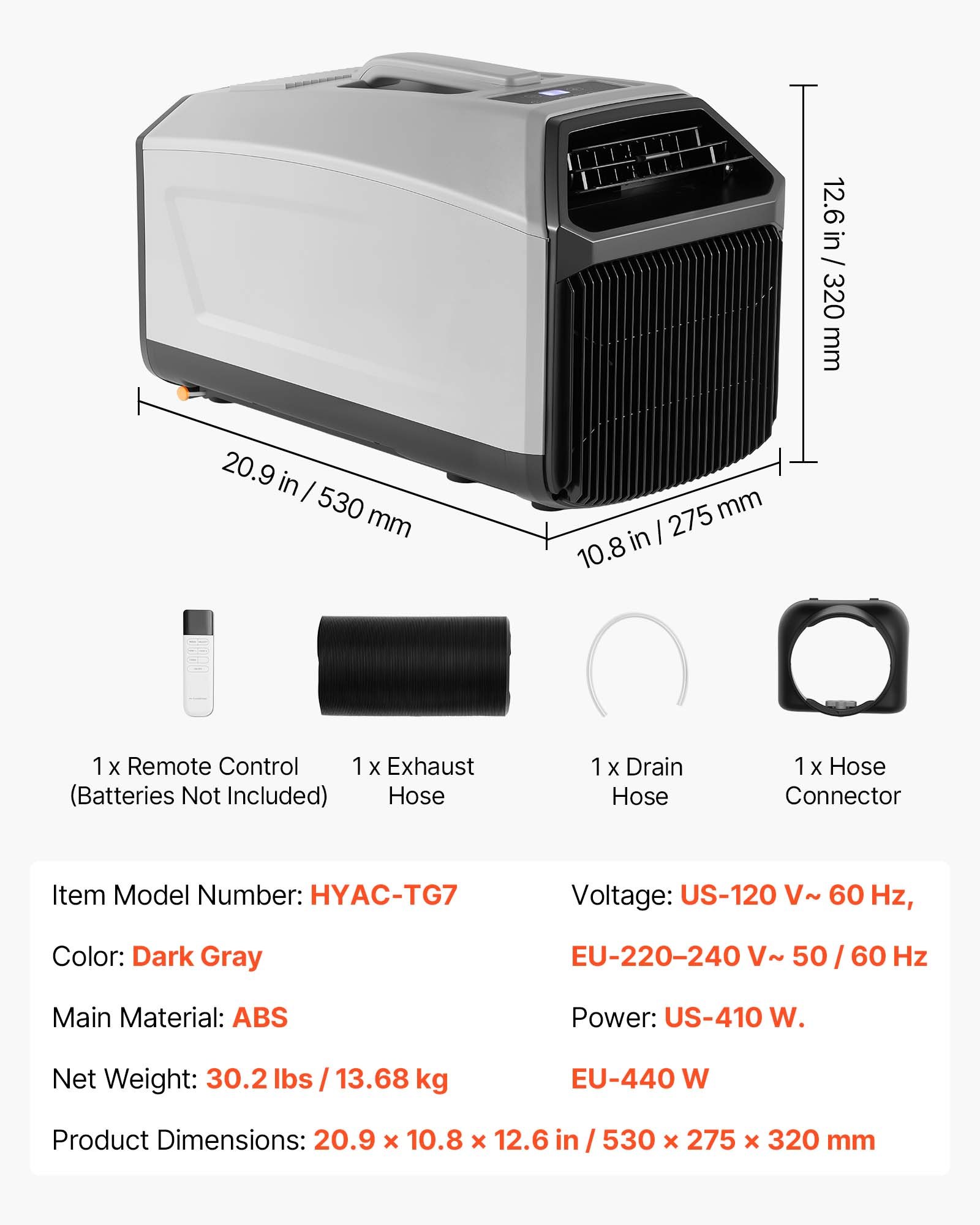 VEVOR Aire Acondicionado Portátil, 150 m³/h, 440 W con Manguera, Control Táctil, Mando Temporizador 1-24 h, Bajo Ruido, Aire Acondicionado para Camping, Tienda de Campaña, Caravana y Espacios Pequeños