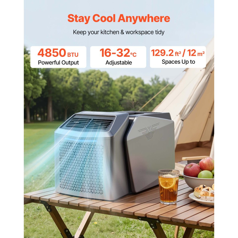 VEVOR Aire Acondicionado Portátil, 200 m³/h, 580 W con Doble Manguera, Control Táctil y Remoto, Temporizador 1-24 h, Bajo Ruido de 58 dB, para Camping, Caravana, Tienda de Campaña y Espacios Pequeños