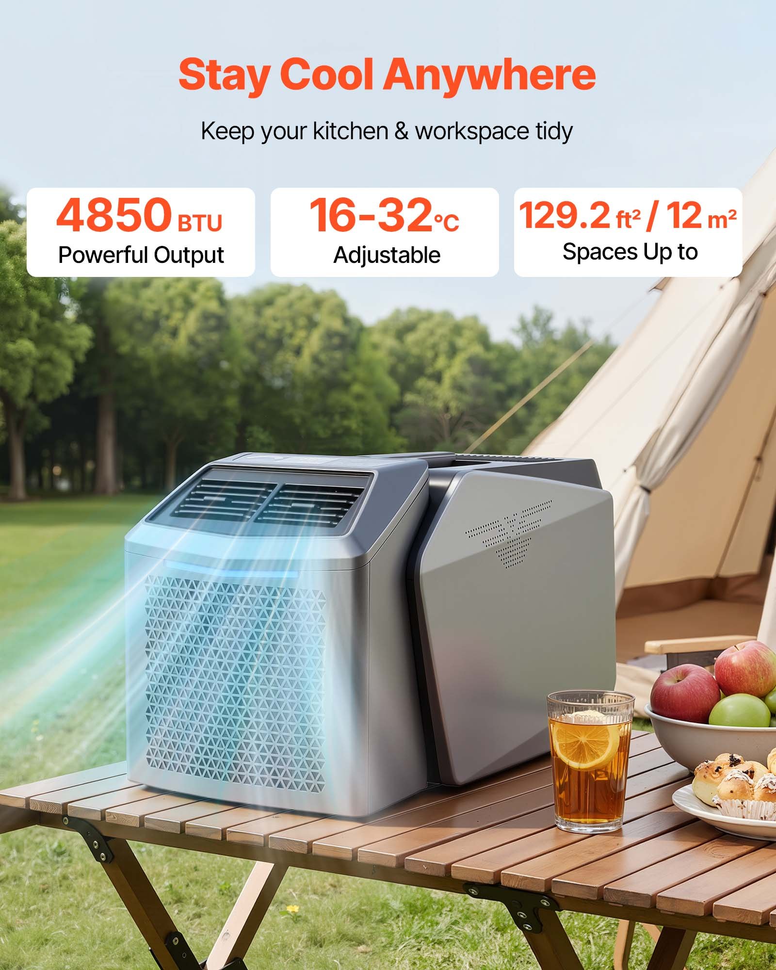 VEVOR Aire Acondicionado Portátil, 200 m³/h, 580 W con Doble Manguera, Control Táctil y Remoto, Temporizador 1-24 h, Bajo Ruido de 58 dB, para Camping, Caravana, Tienda de Campaña y Espacios Pequeños