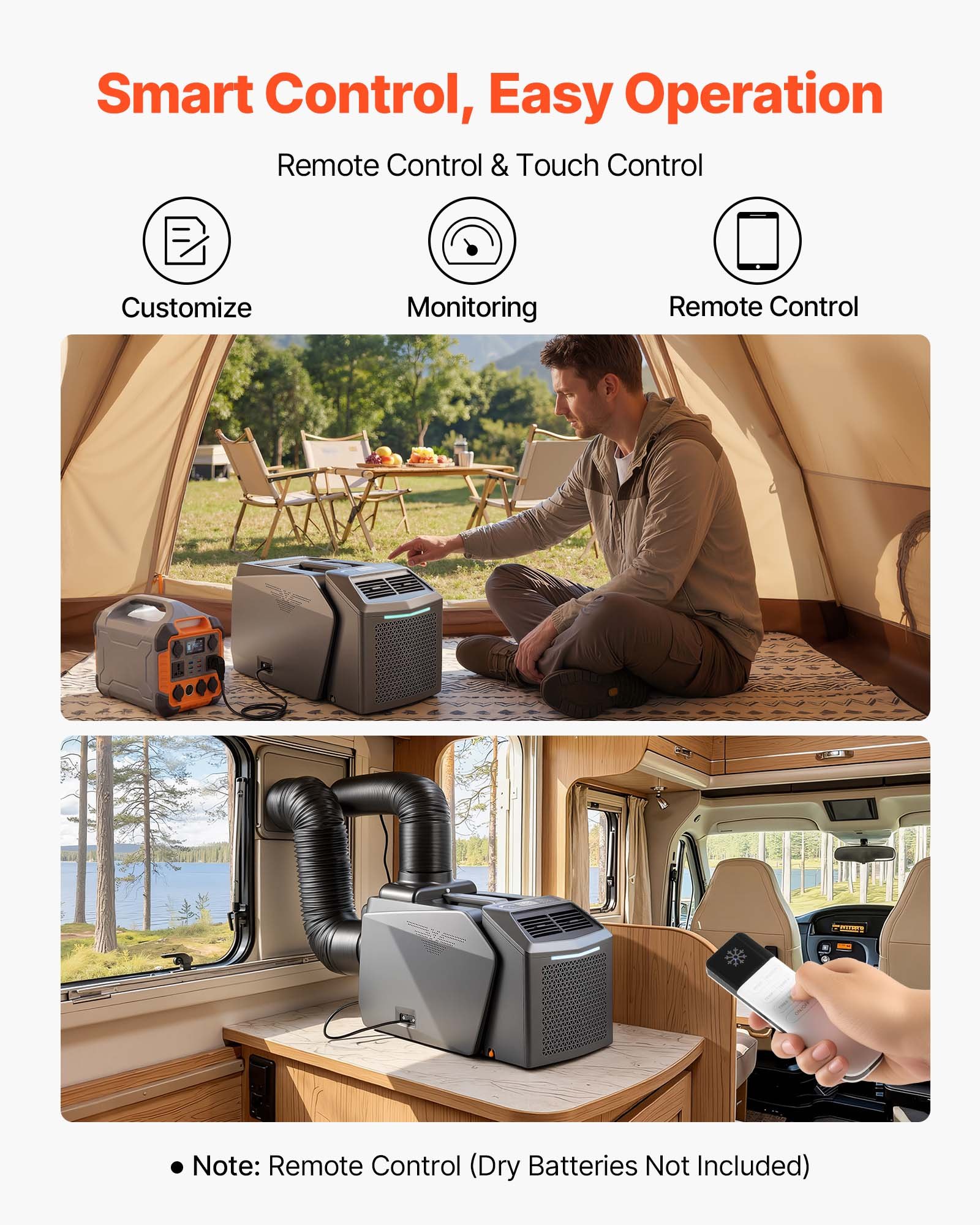 VEVOR Aire Acondicionado Portátil, 200 m³/h, 580 W con Doble Manguera, Control Táctil y Remoto, Temporizador 1-24 h, Bajo Ruido de 58 dB, para Camping, Caravana, Tienda de Campaña y Espacios Pequeños