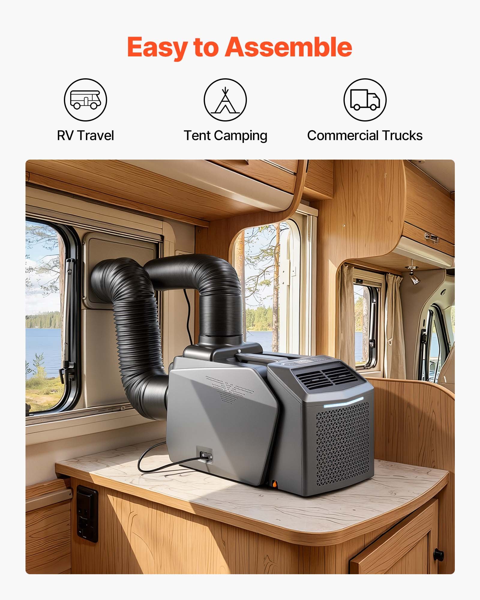 VEVOR Aire Acondicionado Portátil, 200 m³/h, 580 W con Doble Manguera, Control Táctil y Remoto, Temporizador 1-24 h, Bajo Ruido de 58 dB, para Camping, Caravana, Tienda de Campaña y Espacios Pequeños