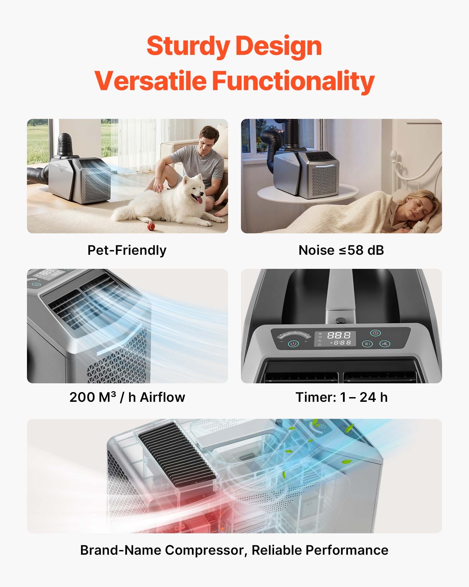 VEVOR Aire Acondicionado Portátil, 200 m³/h, 580 W con Doble Manguera, Control Táctil y Remoto, Temporizador 1-24 h, Bajo Ruido de 58 dB, para Camping, Caravana, Tienda de Campaña y Espacios Pequeños