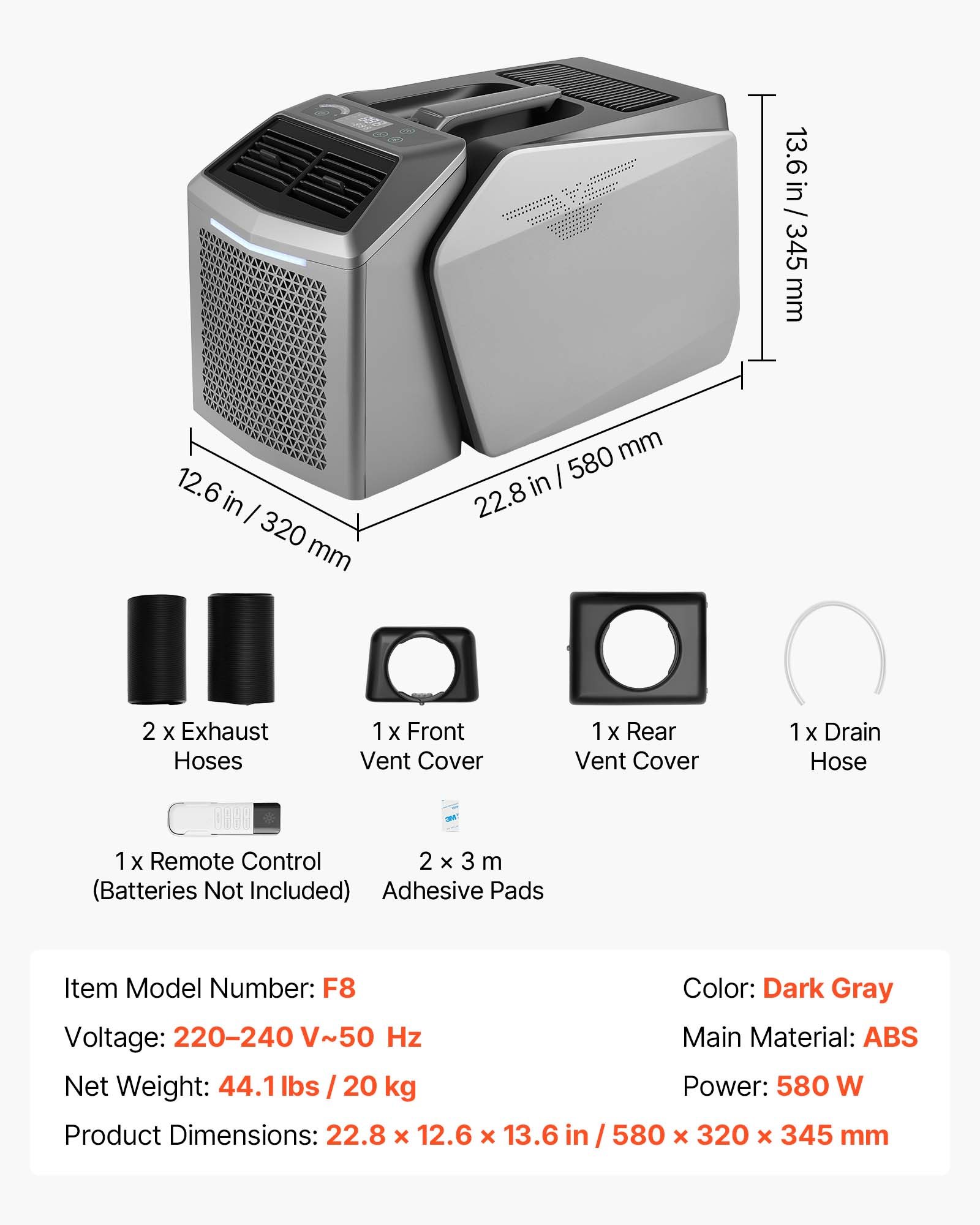 VEVOR Aire Acondicionado Portátil, 200 m³/h, 580 W con Doble Manguera, Control Táctil y Remoto, Temporizador 1-24 h, Bajo Ruido de 58 dB, para Camping, Caravana, Tienda de Campaña y Espacios Pequeños