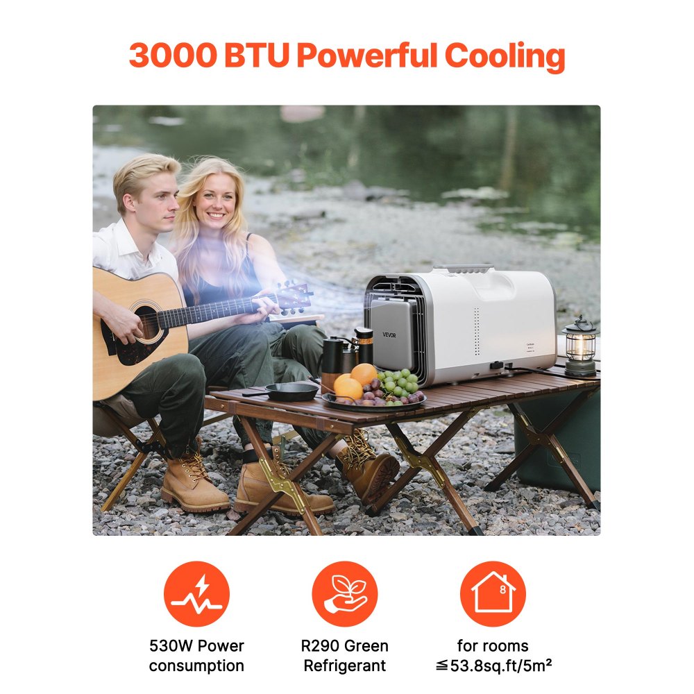 VEVOR Aire Acondicionado Portátil para Camping 3000 BTU, 530 W, Control Táctil y Remoto, Temporizador de 24 Horas, Flujo de Aire 200 m³/h, Compatible con 24 V CC/CA para Tiendas de Campaña y Caravanas