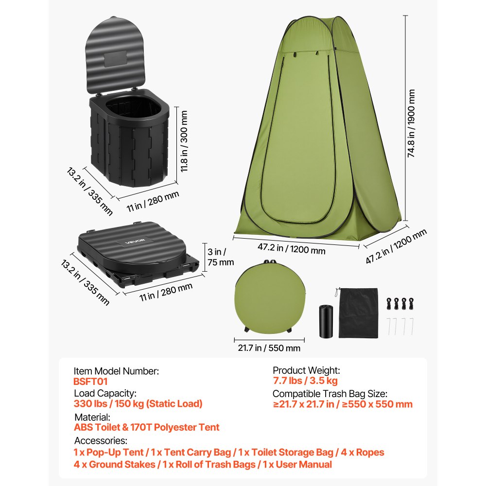 VEVOR Inodoro Portátil Plegable 300 mm con Carpa, Inodoro Portátil para Camping Carga de 150 kg, con Bolsa de Transporte, para Uso Doméstico, Viajes en Autocaravana, Senderismo, Navegación, Coche