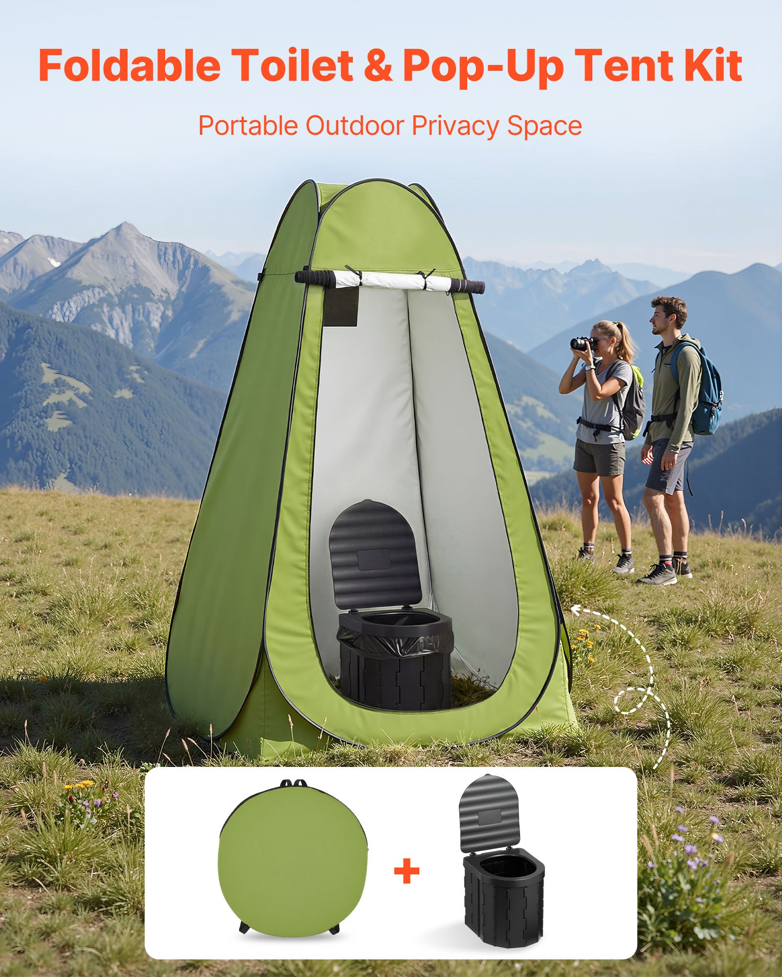VEVOR Inodoro Portátil Plegable 300 mm con Carpa, Inodoro Portátil para Camping Carga de 150 kg, con Bolsa de Transporte, para Uso Doméstico, Viajes en Autocaravana, Senderismo, Navegación, Coche