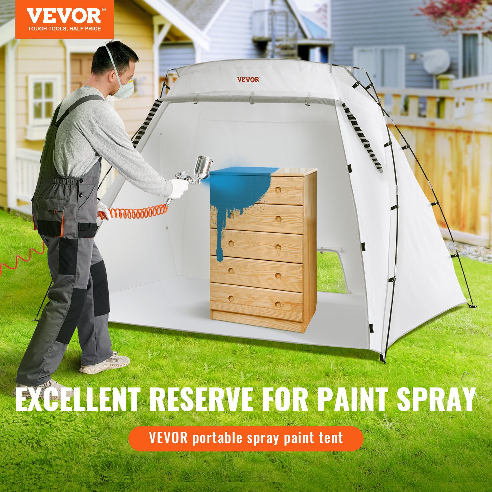 Hombre que usa una cabina de pintura portátil VEVOR para pintar con aerosol una cómoda de madera en un patio.