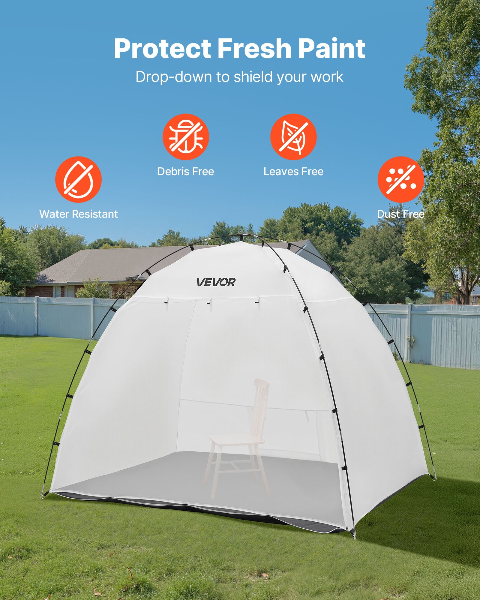 VEVOR Cabina de Pintura Portátil, Área de Trabajo de 233 x 172 x 190 cm, Impermeable, con Suelo Integrado y Puerta Enrollable para Armarios, Sillas y Mesas, para Proyectos Fluidos, Color Blanco