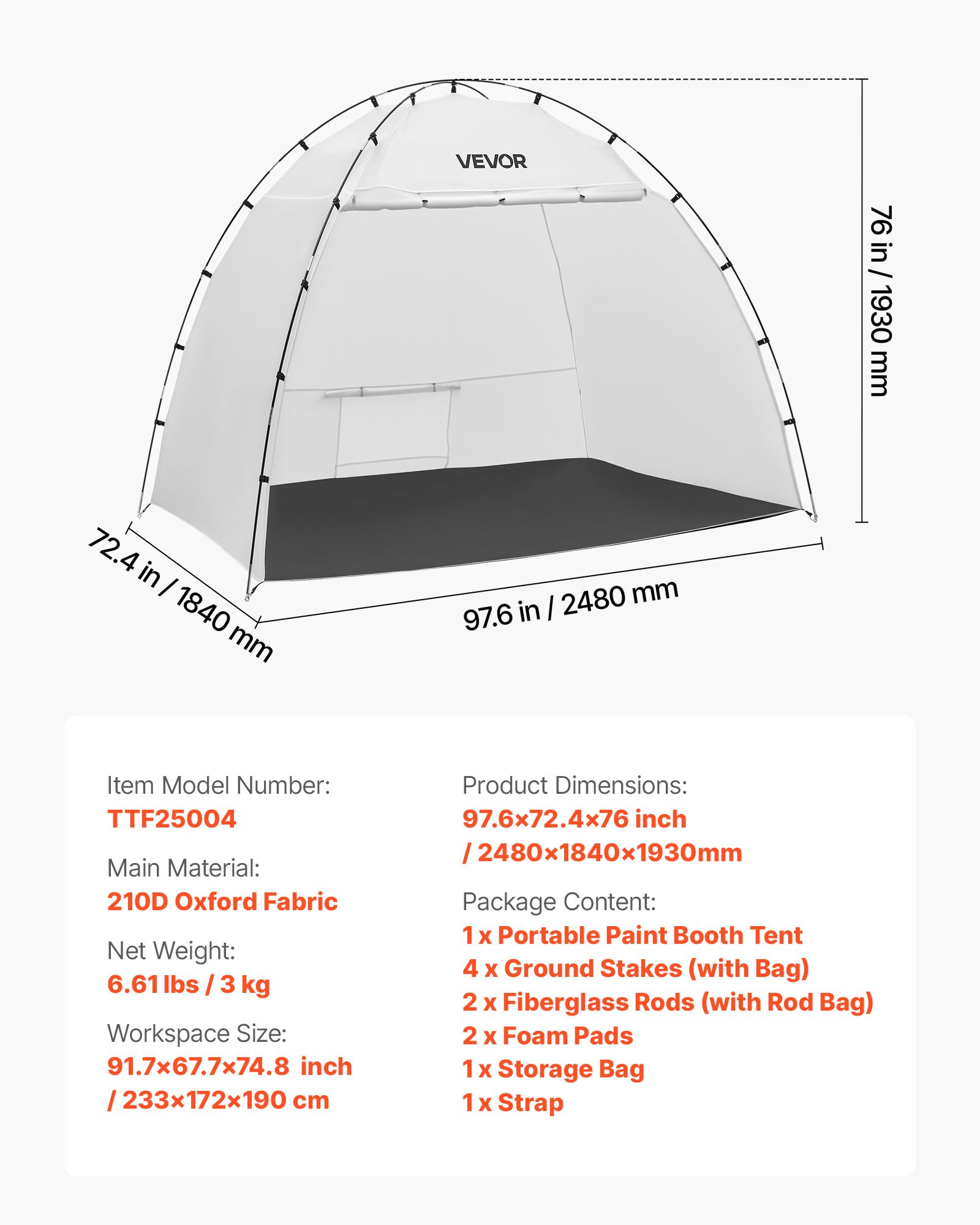 VEVOR Cabina de Pintura Portátil, Área de Trabajo de 233 x 172 x 190 cm, Impermeable, con Suelo Integrado y Puerta Enrollable para Armarios, Sillas y Mesas, para Proyectos Fluidos, Color Blanco