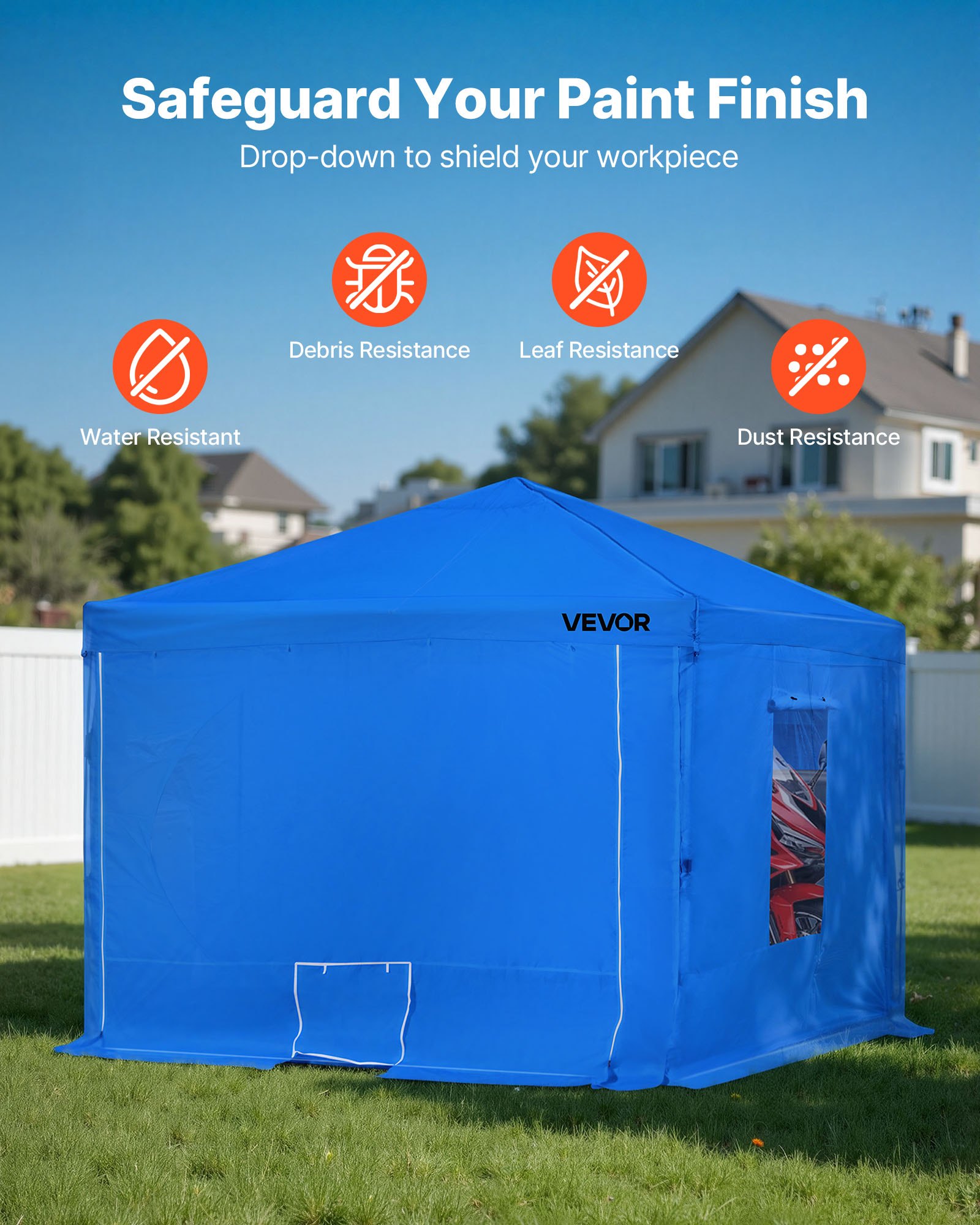 VEVOR Carpa Portátil Espaciosa para Cabina de Pintura, Impermeable y Plegable, con 2 Ventanas Laterales de Malla, Ideal para Autopartes, Muebles y Motocicletas, Color Azul, 3000 x 3000 x 2700 mm