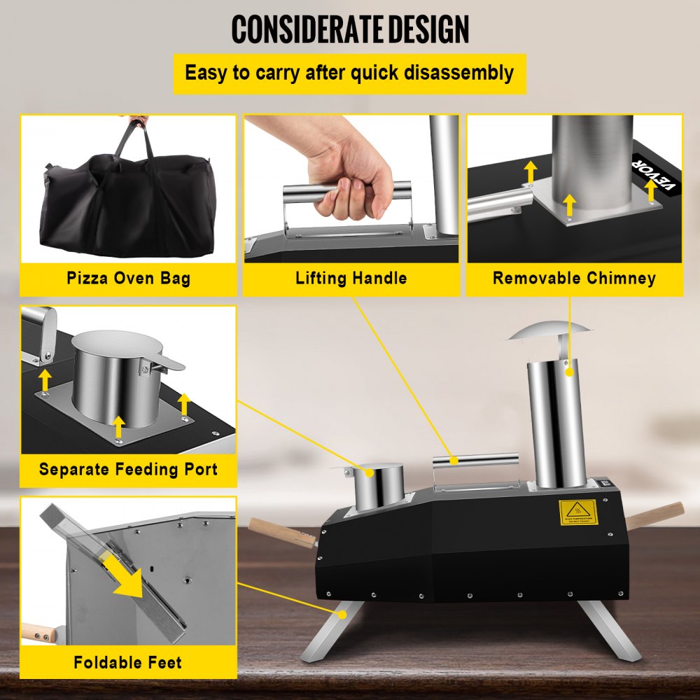 VEVOR Horno de Pizza para Exterior Tamaño de Pizza de 12" Horno de Pellet para Pizza de Acero Inoxidable 76,4x44,3x54,5 cm 600 Centígrados Horno Leña para Pizza Portátil para Jardín para Bistec, Pollo