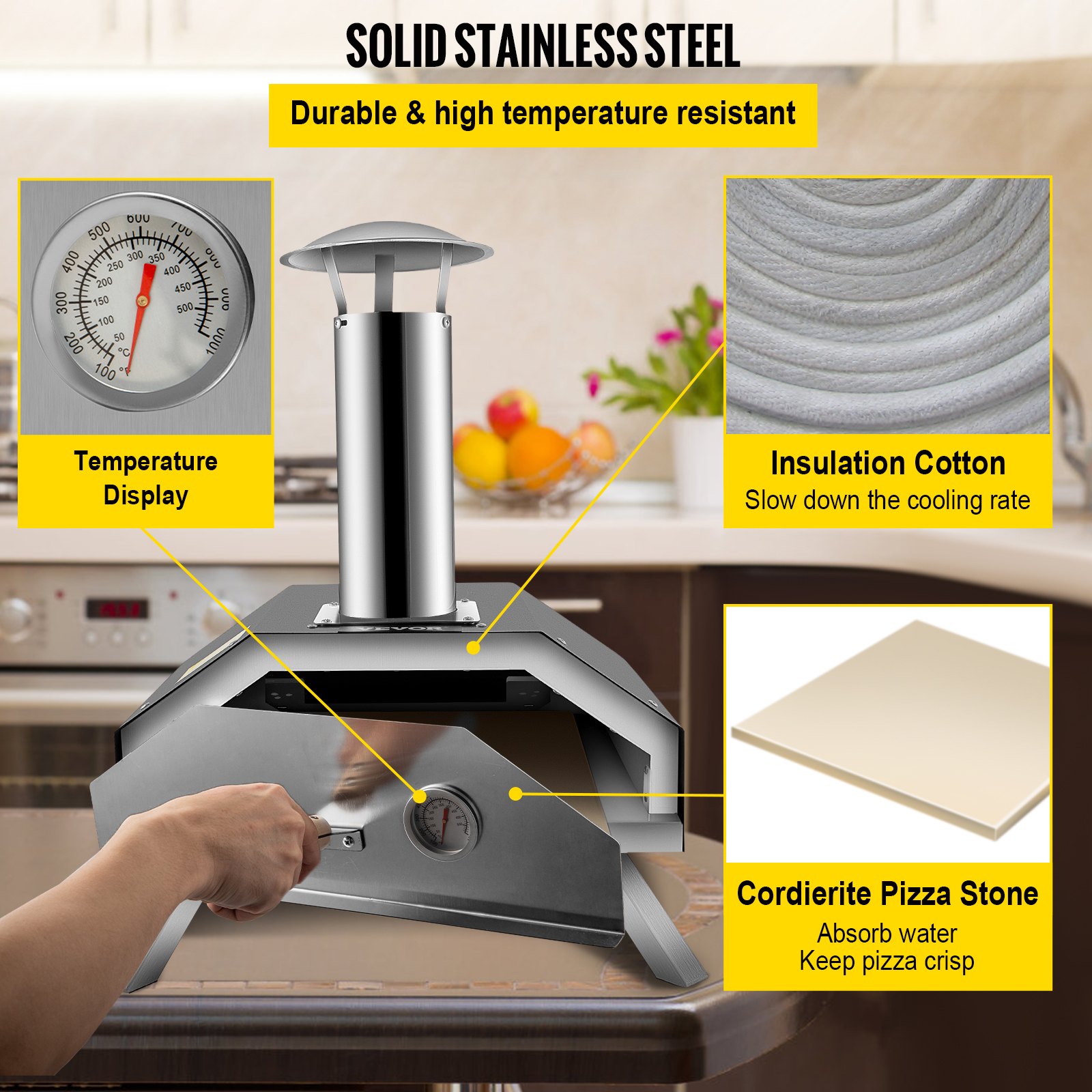 VEVOR Horno de Pizza para Exterior Tamaño de Pizza de 12" Horno de Pellet para Pizza de Acero Inoxidable 76,4x44,3x54,5 cm 600 Centígrados Horno Leña para Pizza Portátil para Jardín para Bistec, Pollo