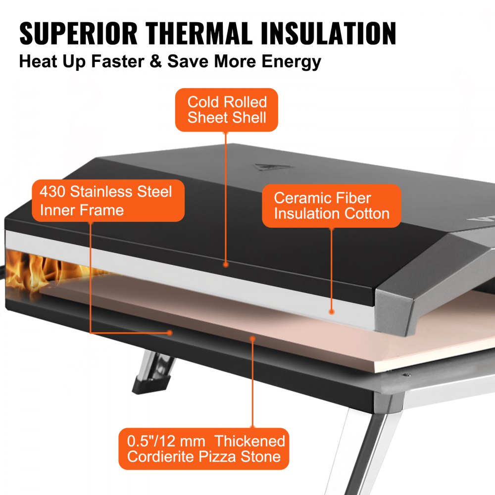 VEVOR Horno de Pizza Portátil 330 mm de Acero Inoxidable Horno Portátil de Gas para Exteriores con Piedra de Pizza Plegable Cocción Rápida 540 °C para Cocinar Pan Camping Barbacoa Jardín Patio